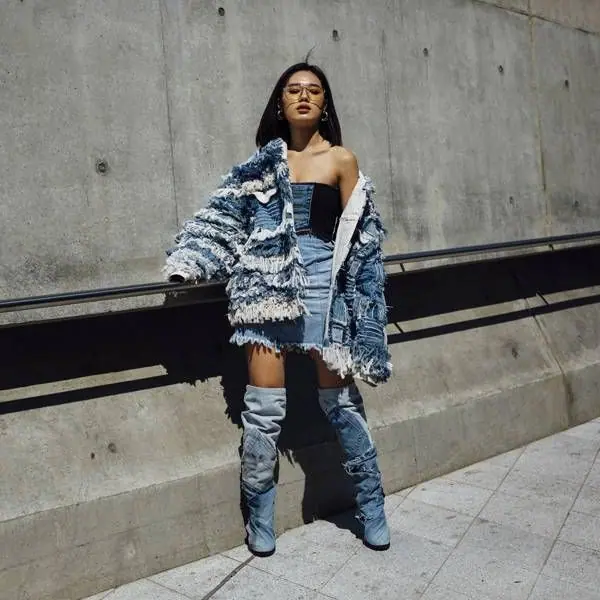 a Woman in Denim dress and shoes