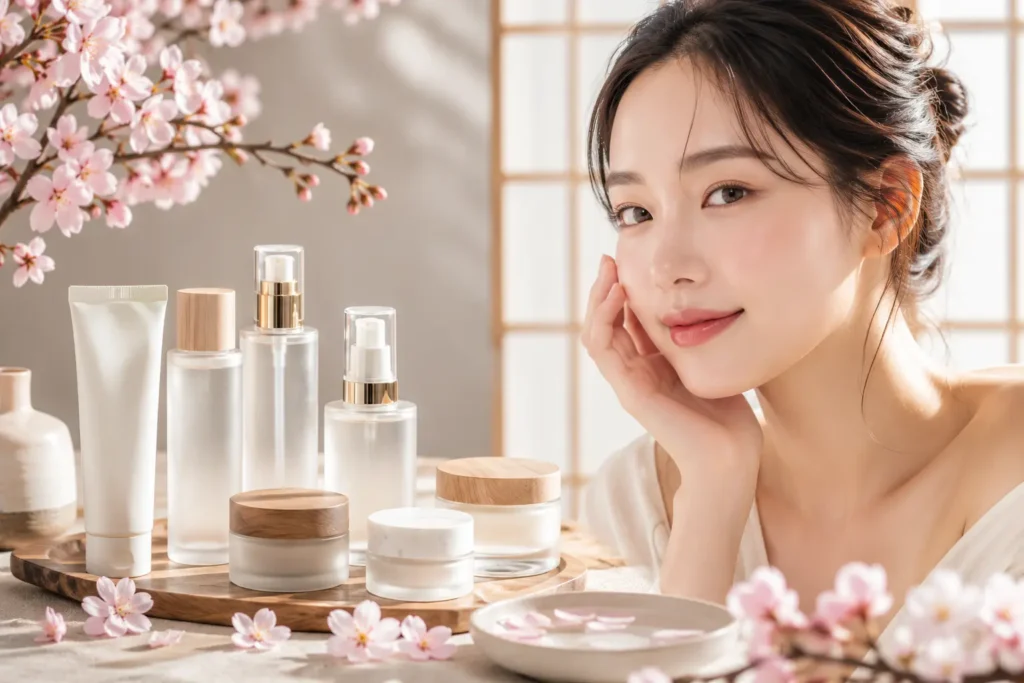 Japanese Skin Care Products and women showing her glass skin