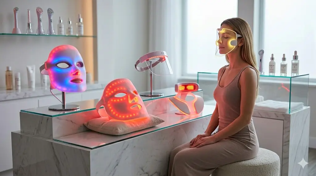 a with a red ligh led face mask around her, different color led face masks are on the table