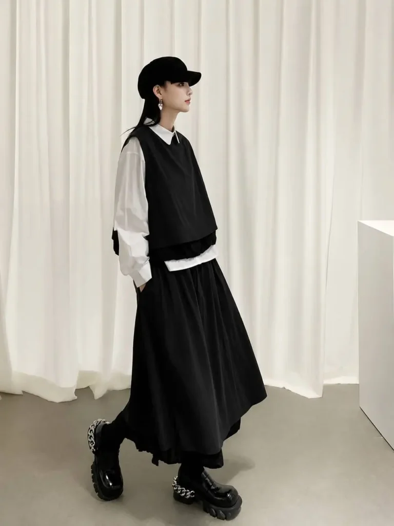 a woman in Seoul wearing a Maximalist dress with layering