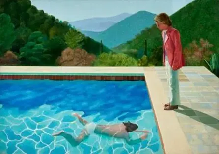 David Hockney artwork potrait of an artist pool with 2 fingures