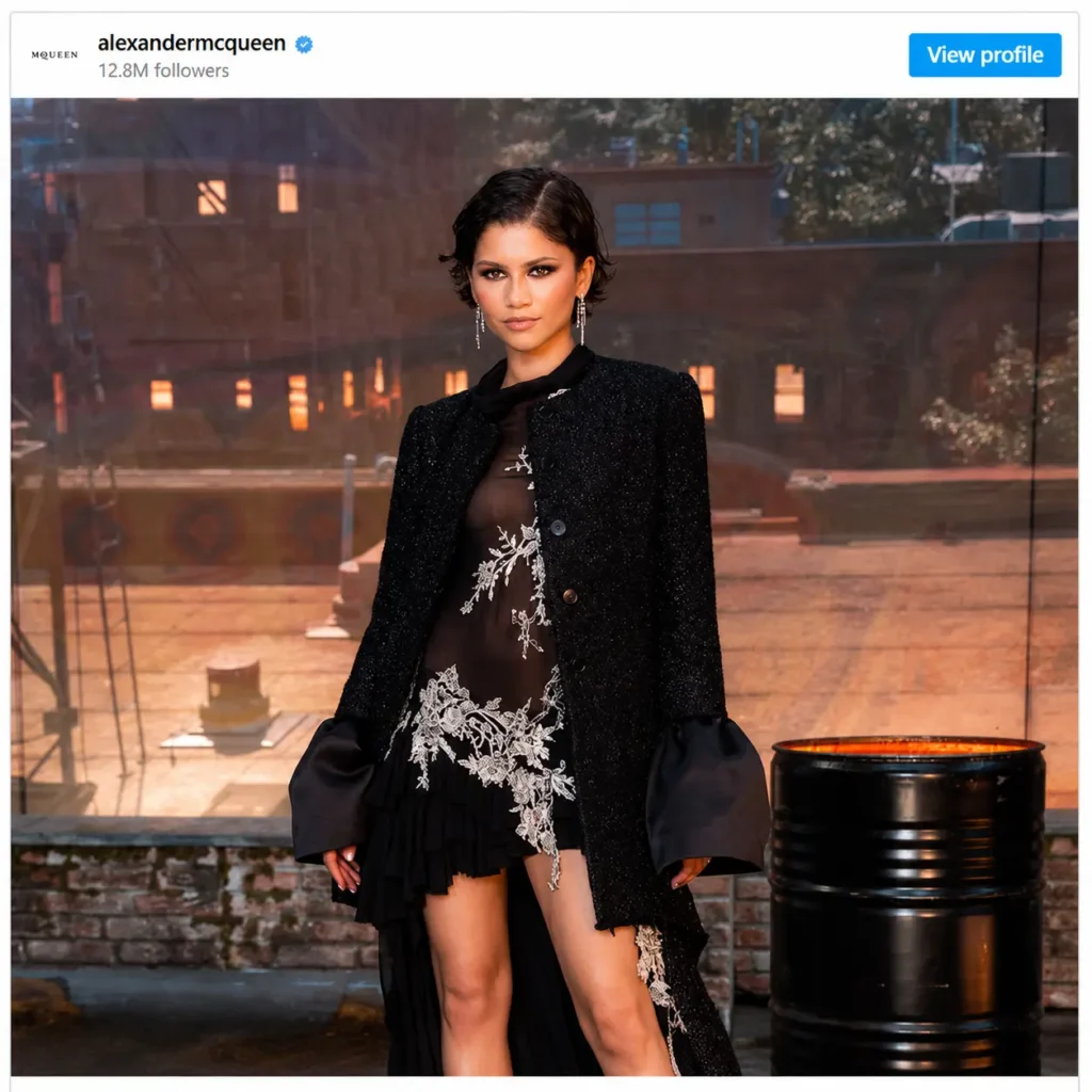 zendaya in Amsterdam she wore a sheer Alexander McQueen dress with metallic flowers embroidered by hand under a heavy opera coat