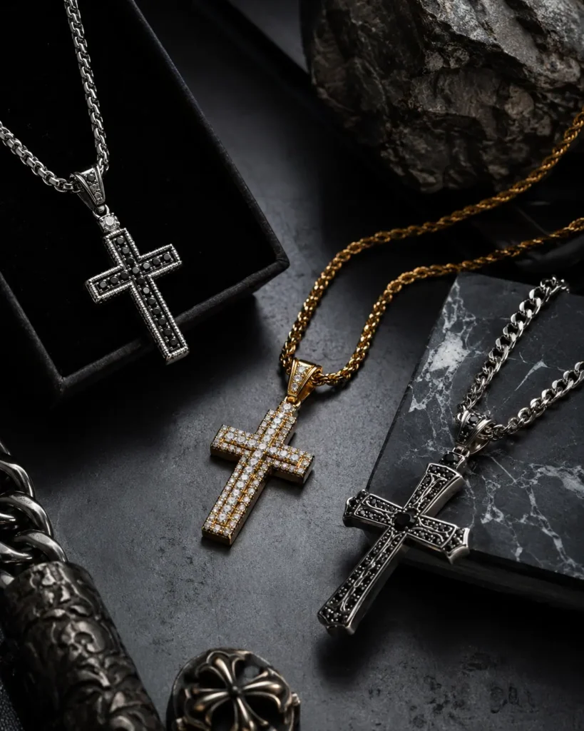 Luxury editorial flat lay of men's cross chains in gold and silver with premium jewelry styling on a dark background.