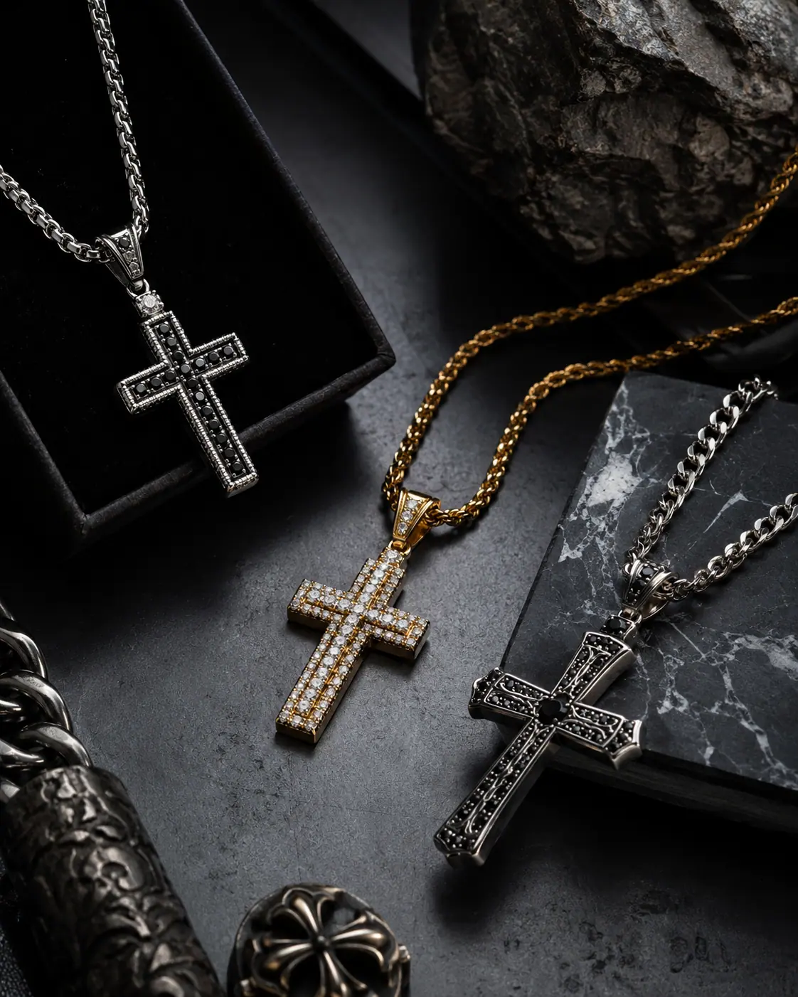 Luxury editorial flat lay of men's cross chains in gold and silver with premium jewelry styling on a dark background.