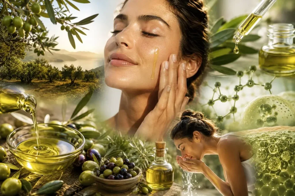 Polyphenol-rich olive oil showing antioxidant skin benefits, hydration, and natural skin protection.