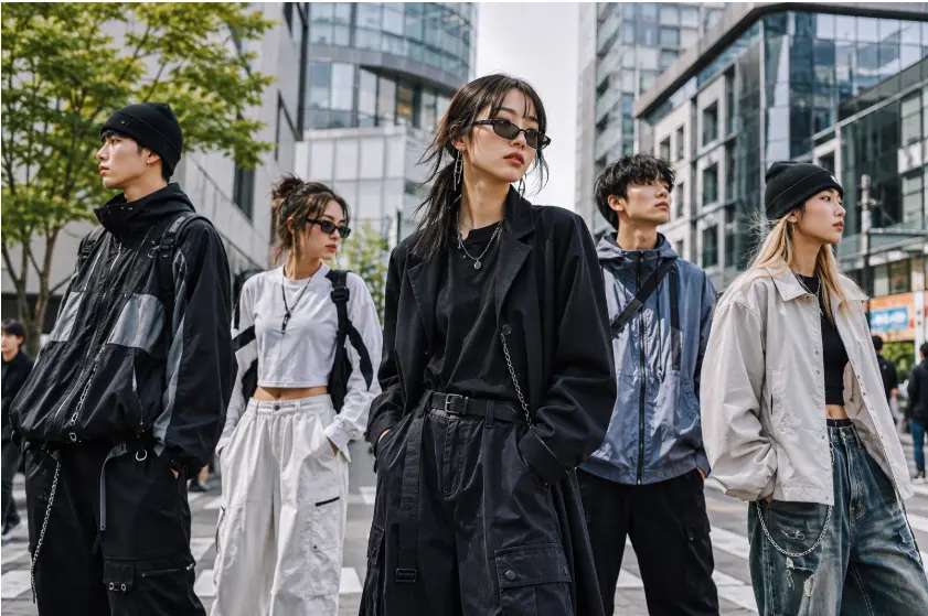 2 boys and 3 girls in different looks of Seoul Street fashion trends