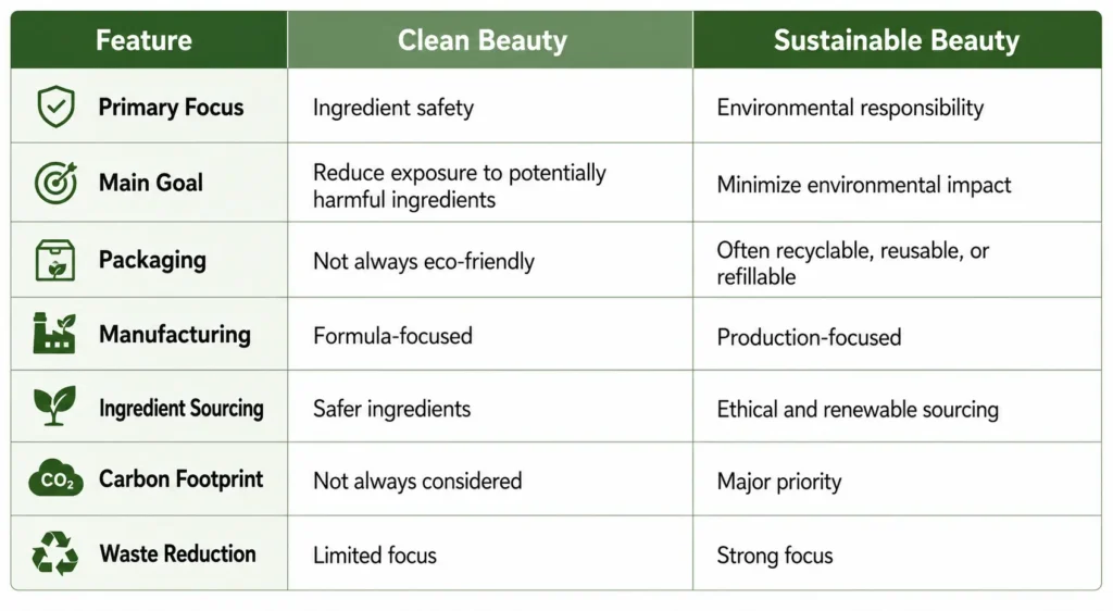Clean Beauty VS Sustainable Beauty: comparison chart