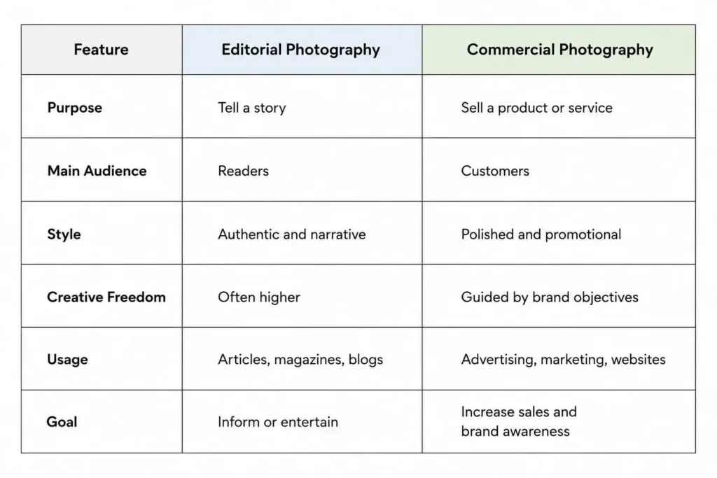 Editorial Photography vs Commercial Photography comperison chart
