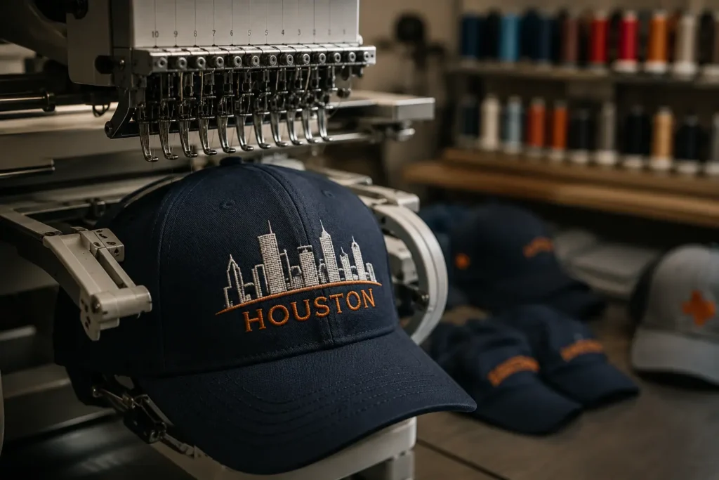 Professional embroidery machine stitching a custom Houston logo onto a cap in a modern embroidery workshop.