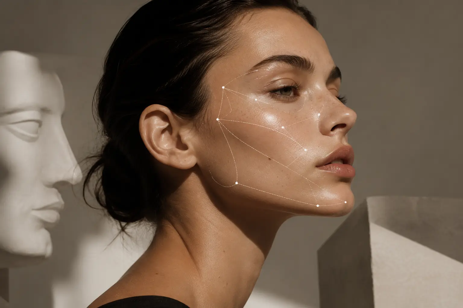 Editorial beauty portrait illustrating facial geometry, structural balance, and modern aesthetic contouring with natural facial proportions.