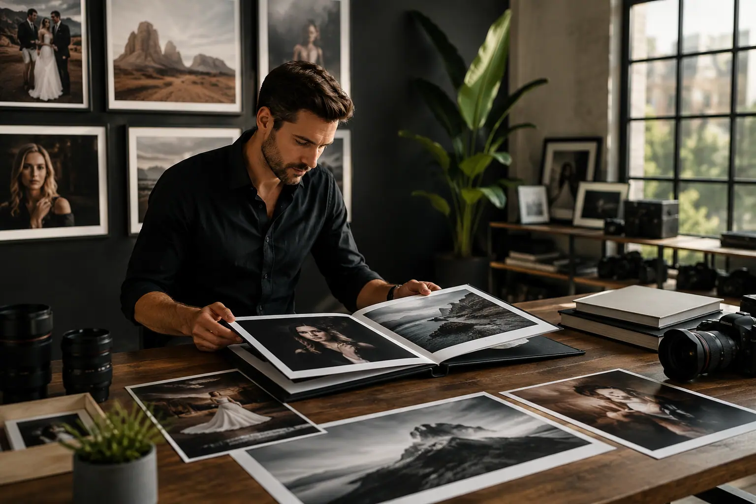 Professional photographer curating a premium photography portfolio in a modern studio with printed photographs and portfolio book.