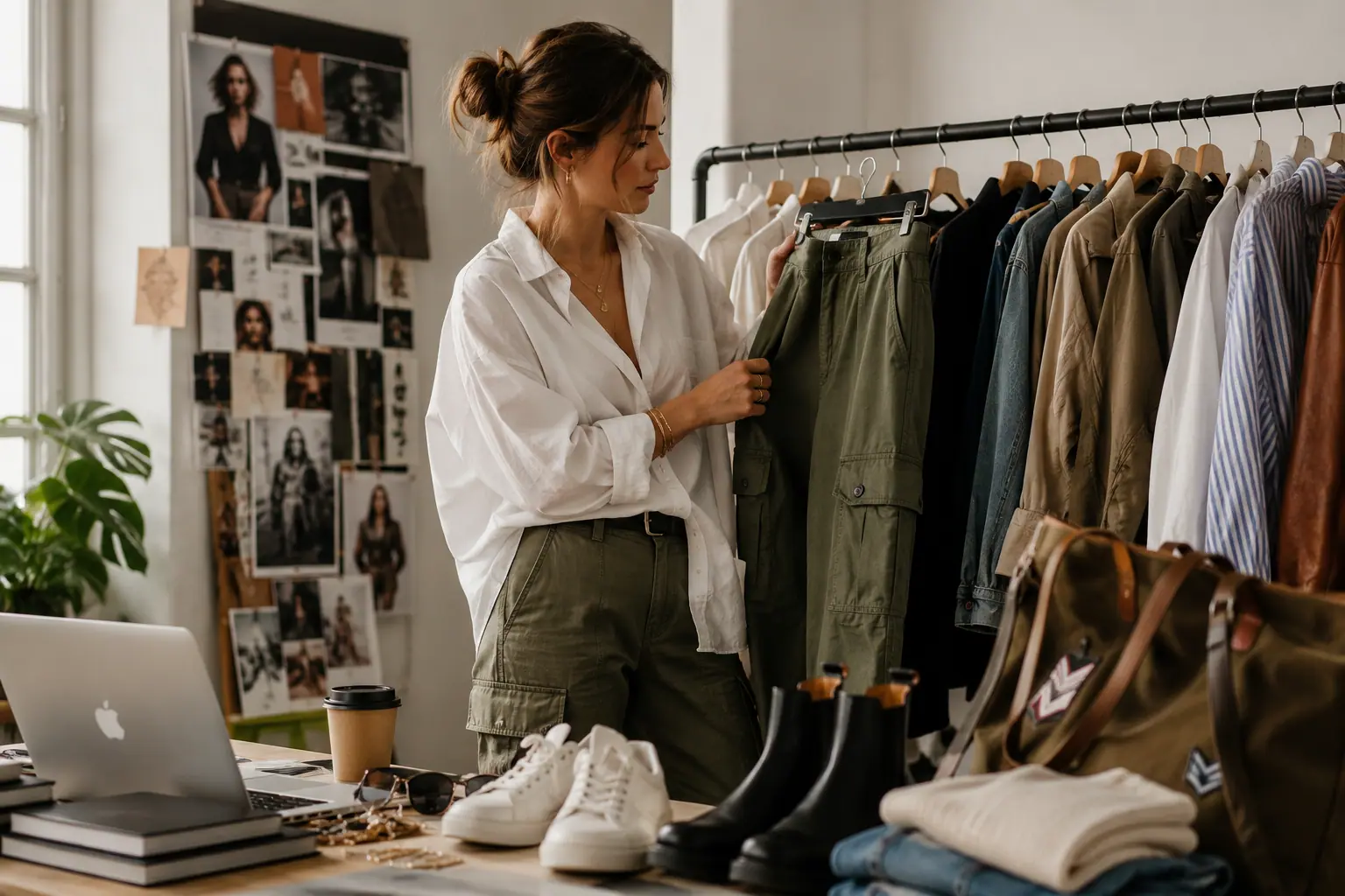 Creative woman styling practical wardrobe essentials with utility pants, oversized shirt, structured jacket, and accessories in a modern fashion studio.