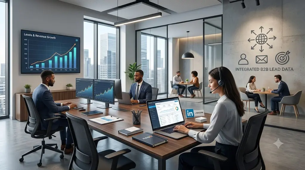 many people sitting in a office using lead genration tool