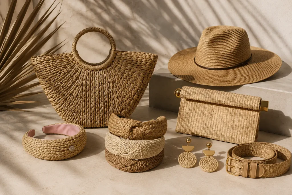 Raffia fashion all accessories like bag hat headband, earring and ballet flats