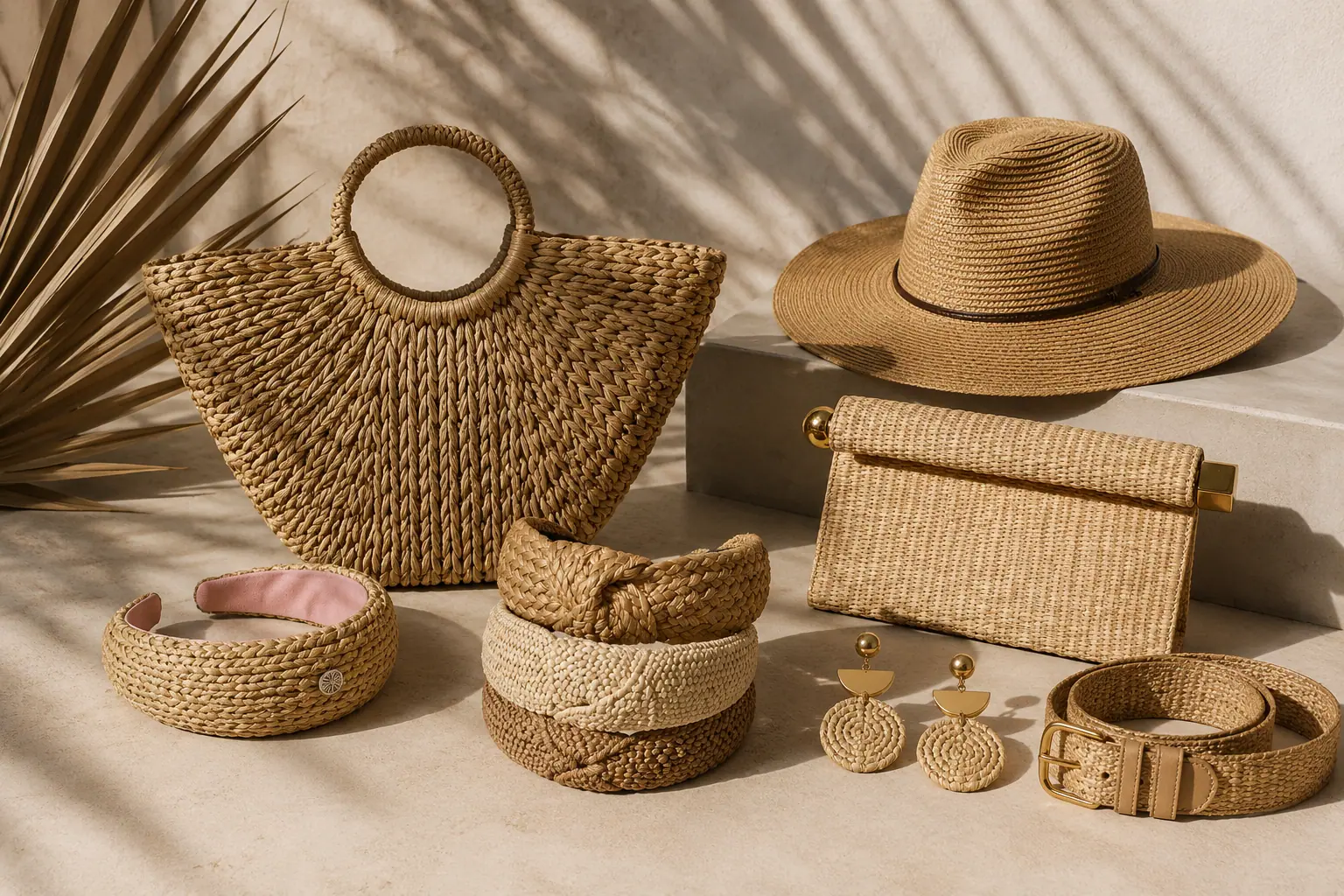 Raffia fashion all accessories like bag hat headband, earring and ballet flats