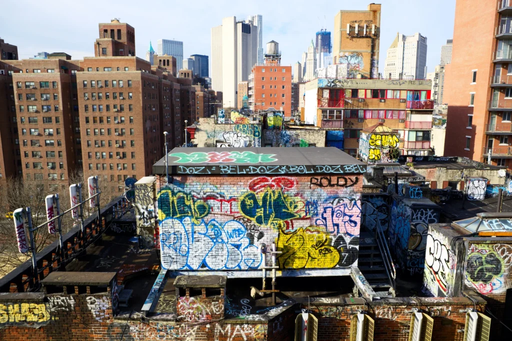 NYCstreet buildings fulll of artworks