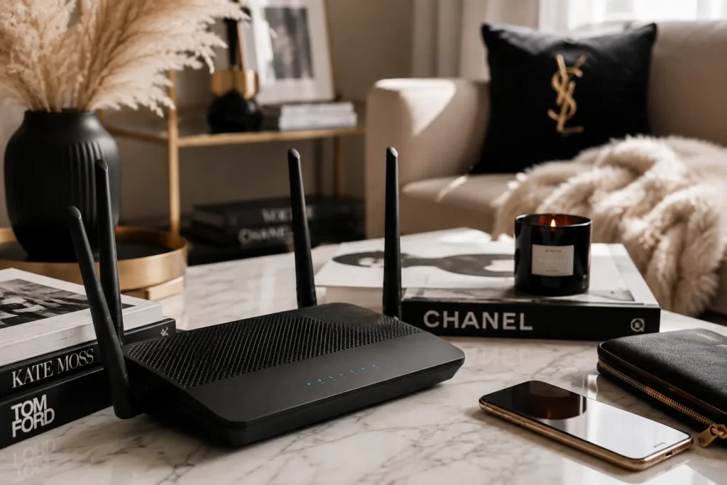 Modern Wi-Fi router on a luxury coffee table in a stylish contemporary living room with elegant home decor and workspace accessories.