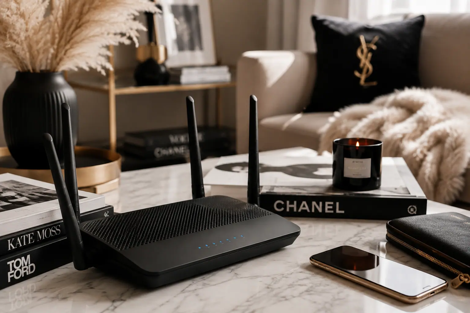 Modern Wi-Fi router on a luxury coffee table in a stylish contemporary living room with elegant home decor and workspace accessories.