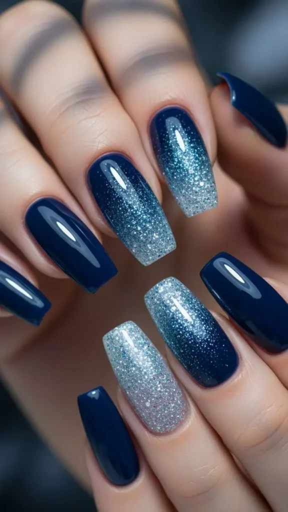 Blue Glitter Accent Nails