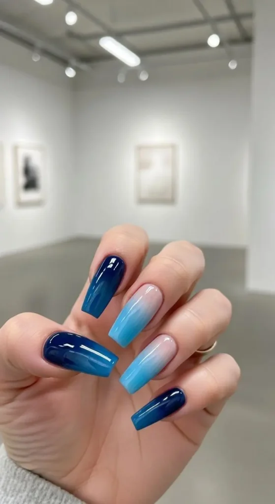 Coffin Blue Nails With Ombre