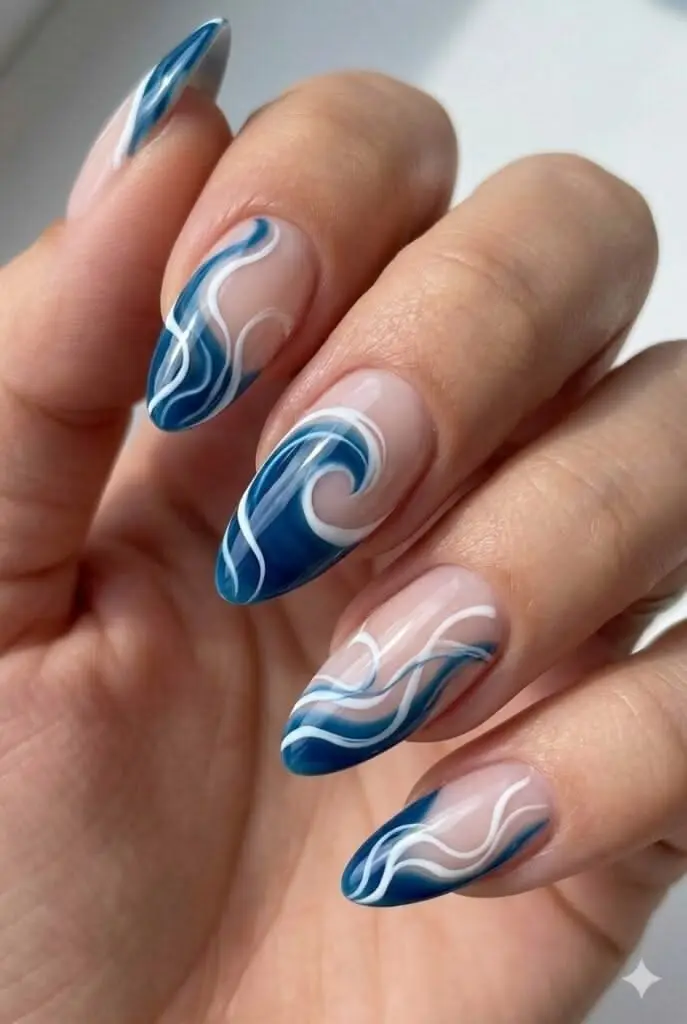 Blue and White Swirl Nails design on long nails
