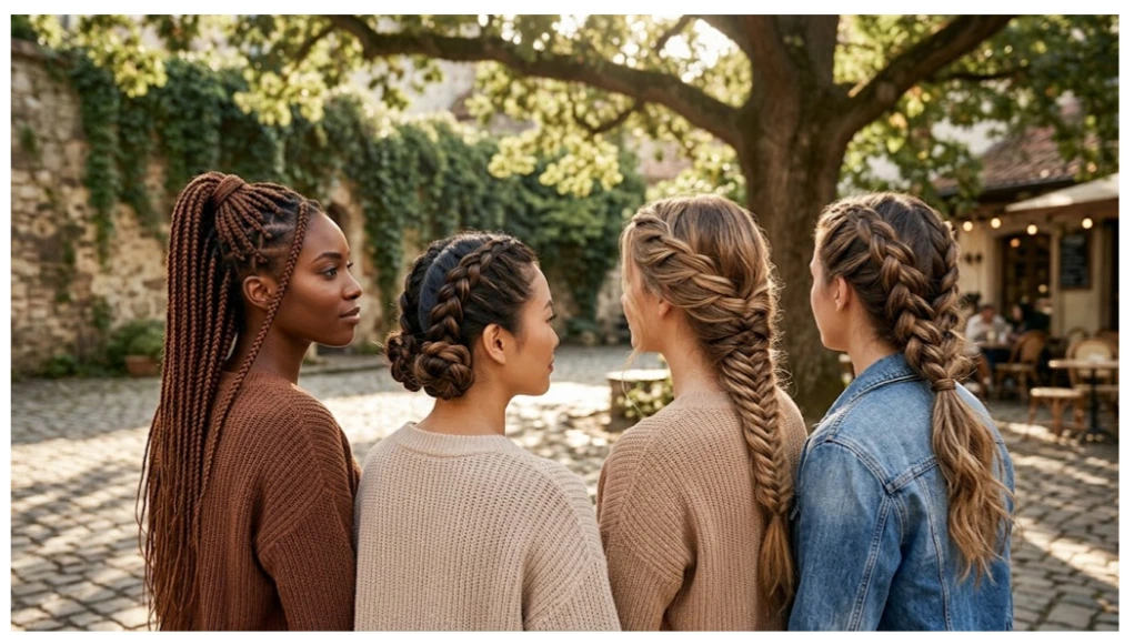 4 womens with different braid hairstyles