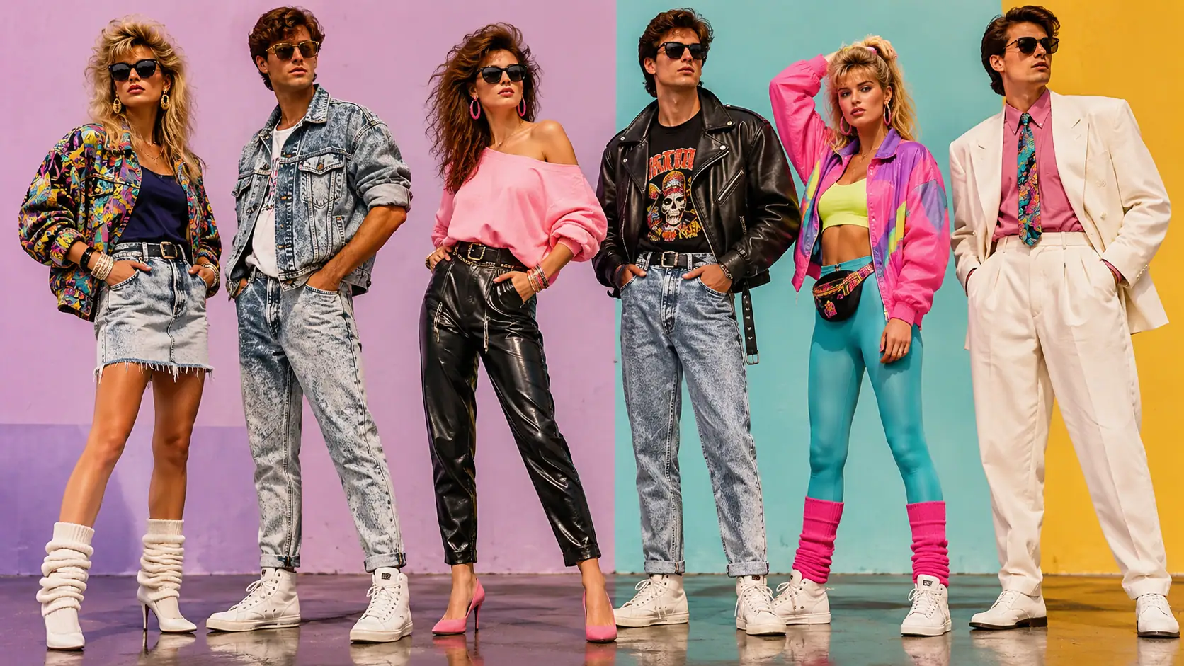 3 girls and 3 boys wearing different 80s outfit looks
