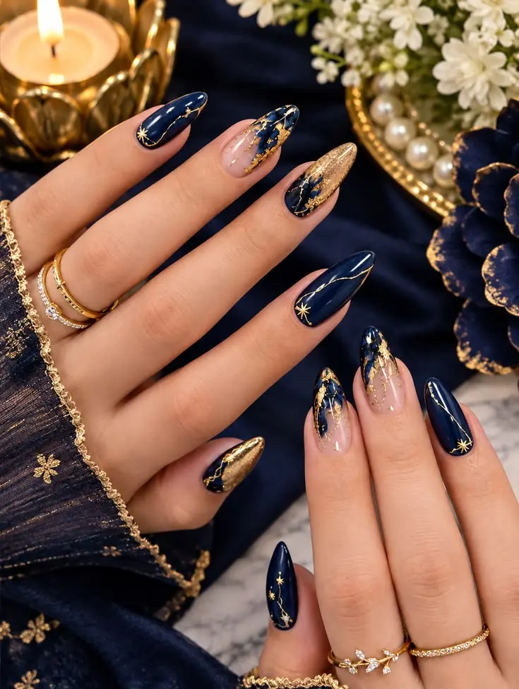 Navy Blue and Gold Nails