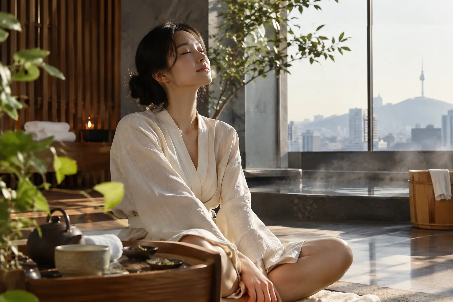 a women with practicing korean wellnes trend yoga