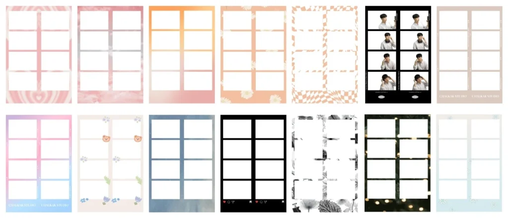 A collection of Korean photo booth frame designs in pastel, floral, checkered and black styles