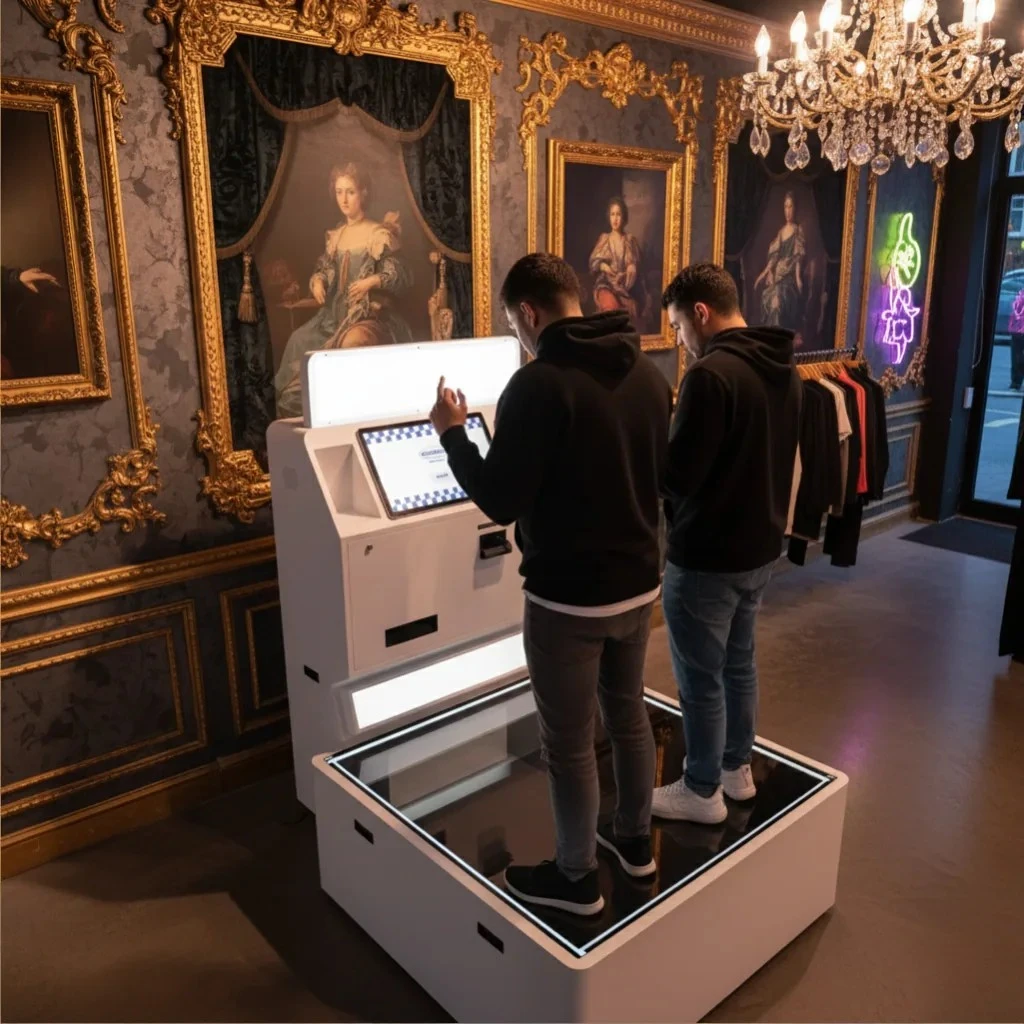 Two people using a photo booth inside an ornate, gallery-style clothing store