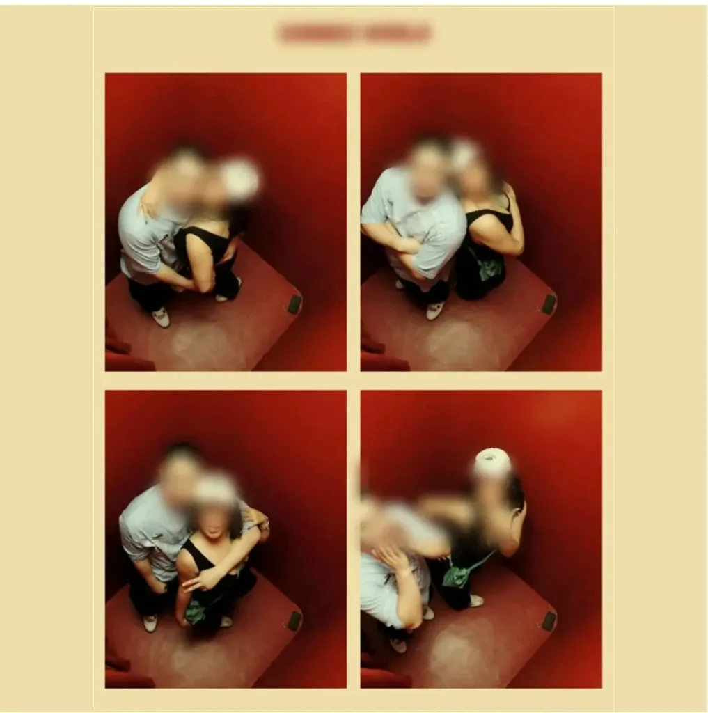 Couple photographed from above, posing on a red floor across four frames