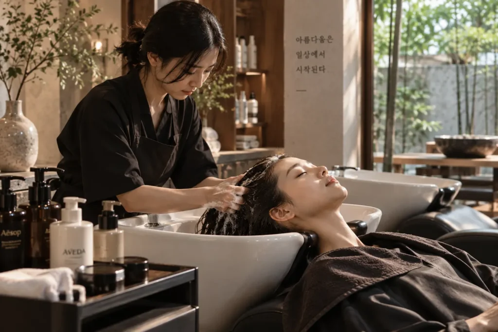 a korean women washing another women hairs in spa