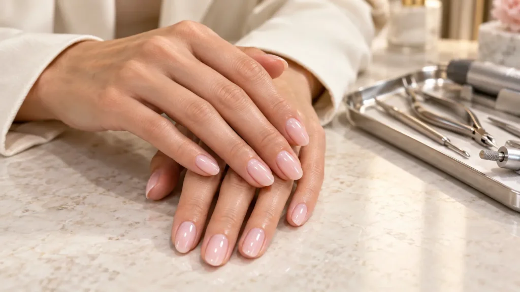 russian manicure milky pink nails