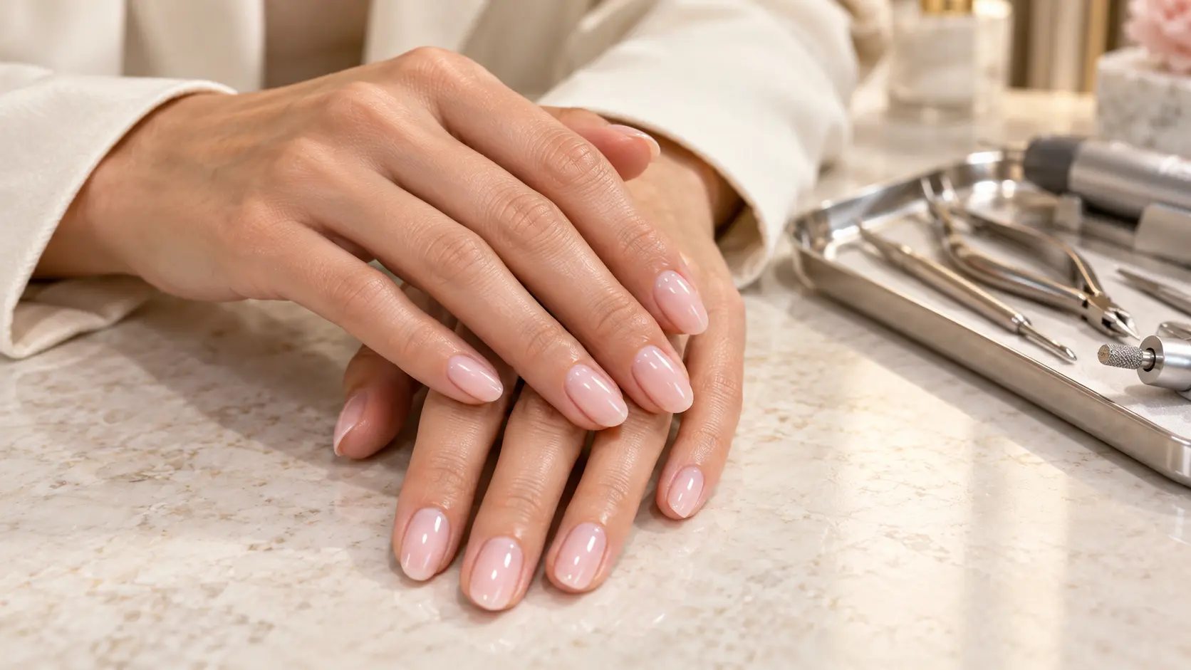 russian manicure milky pink nails